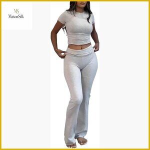 Short Sleeve Crop Top High Waist Flare Pants Workout Set Medium